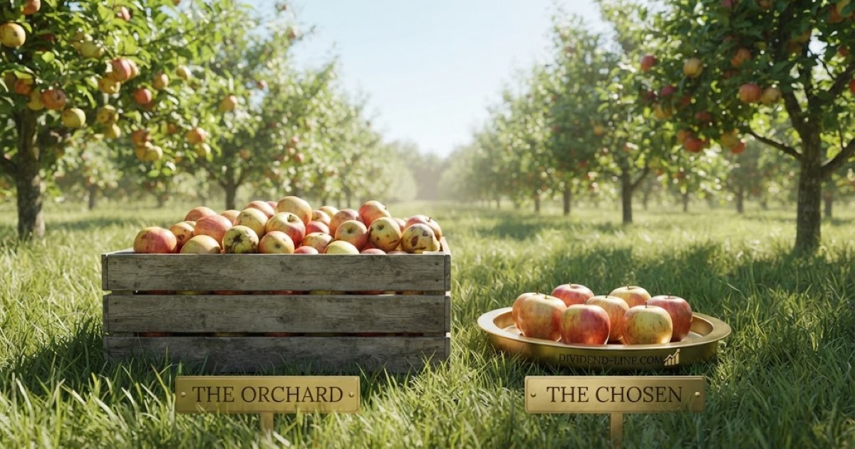 An apple orchard on a bright clear morning: a large wooden crate on the grass brimming with hundreds of apples of every size and condition, beside a small brass tray holding seven individually chosen and polished ones, between plaques reading THE ORCHARD and THE CHOSEN.