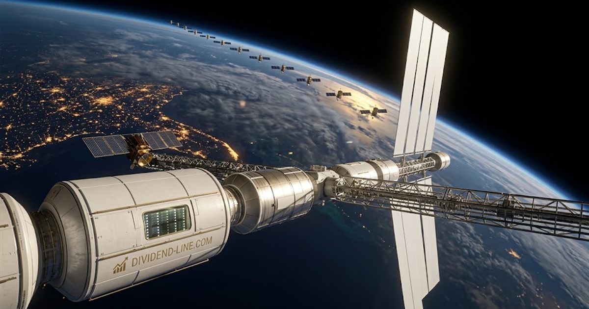 A modular white space station in orbit above Earth's night side, its large flat radiator panels and a lit module window of server racks catching the sun, with a line of satellites receding into the distance and city lights glowing gold below.