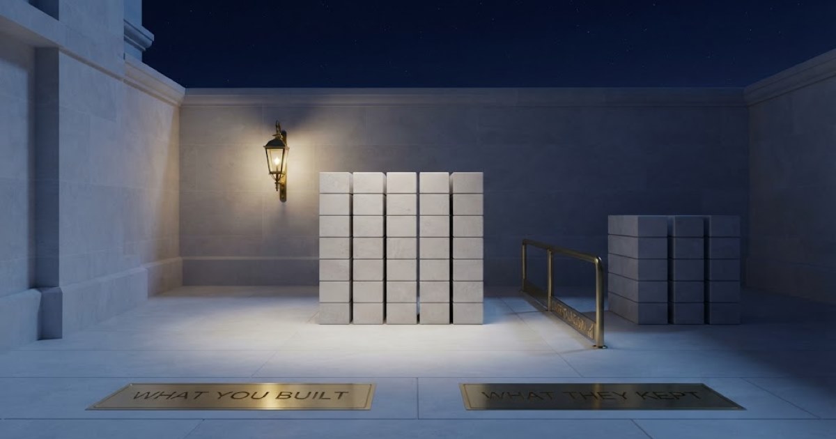 A pale limestone courtyard at night under a deep navy sky: a tall neat stack of cut stone blocks stands in a pool of lamplight, and beyond a low brass rail a second smaller stack of the same blocks sits in shadow, between plaques reading WHAT YOU BUILT and WHAT THEY KEPT.