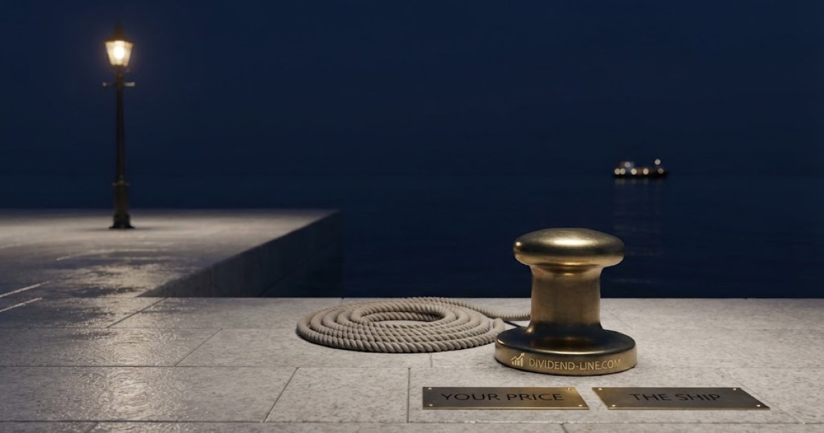 A pale granite quayside at night under a deep navy sky, a polished brass mooring bollard with a dry unused rope coiled beside it and an empty berth, the lights of a single ship far out in the dark, between plaques reading YOUR PRICE and THE SHIP.