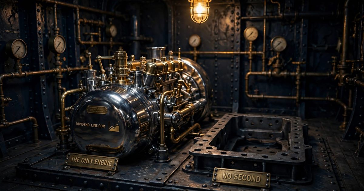 In a riveted ship's engine room at night, one immaculate polished marine engine stands under a caged lamp beside an empty bolted mounting cradle where an identical second engine was never installed, between brass plates reading THE ONLY ENGINE and NO SECOND.