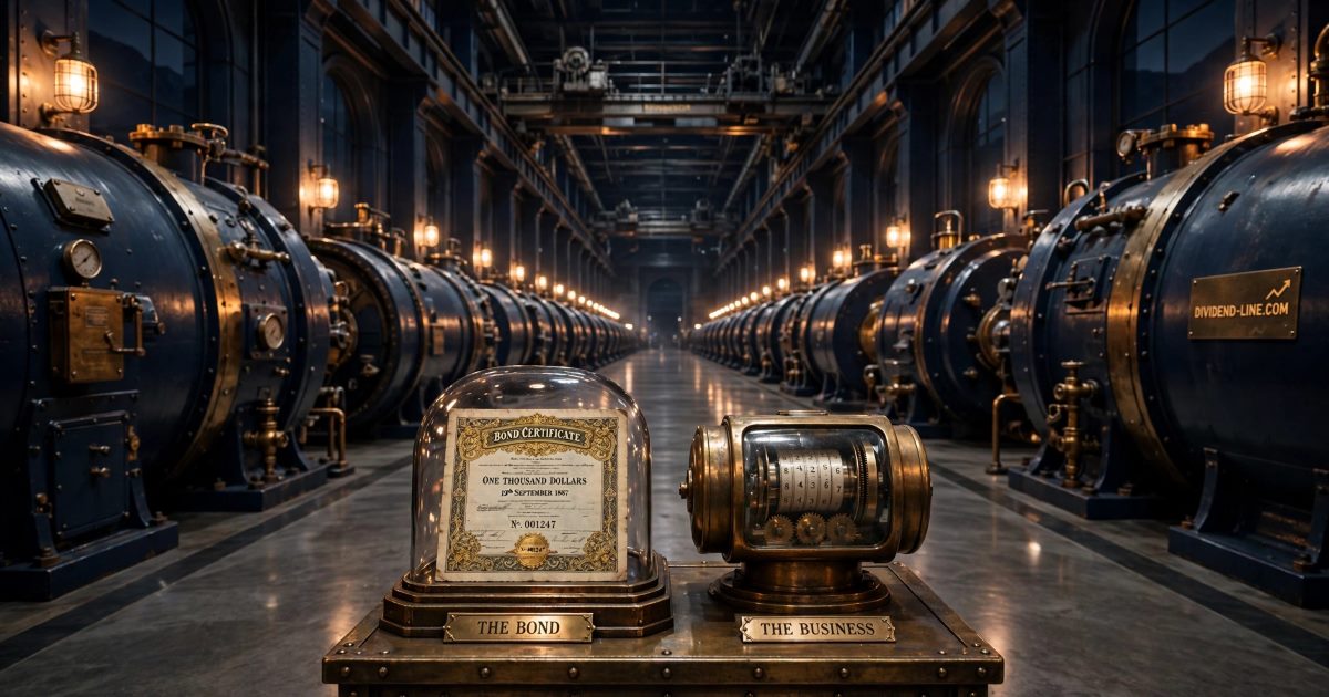 In a hydroelectric turbine hall at night, an antique bond certificate under a glass dome stands beside a brass revenue meter with turning number wheels, between engraved brass plates reading THE BOND and THE BUSINESS, with rows of navy generator housings receding into the dark.