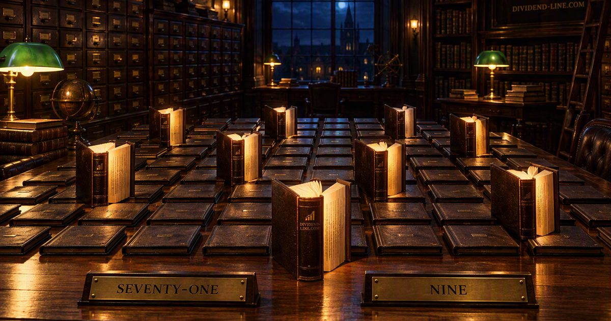 An archive reading room at night with dozens of identical leather dossiers laid flat in a grid on an oak table, nine of them standing open and lit, between brass plates reading SEVENTY-ONE and NINE.