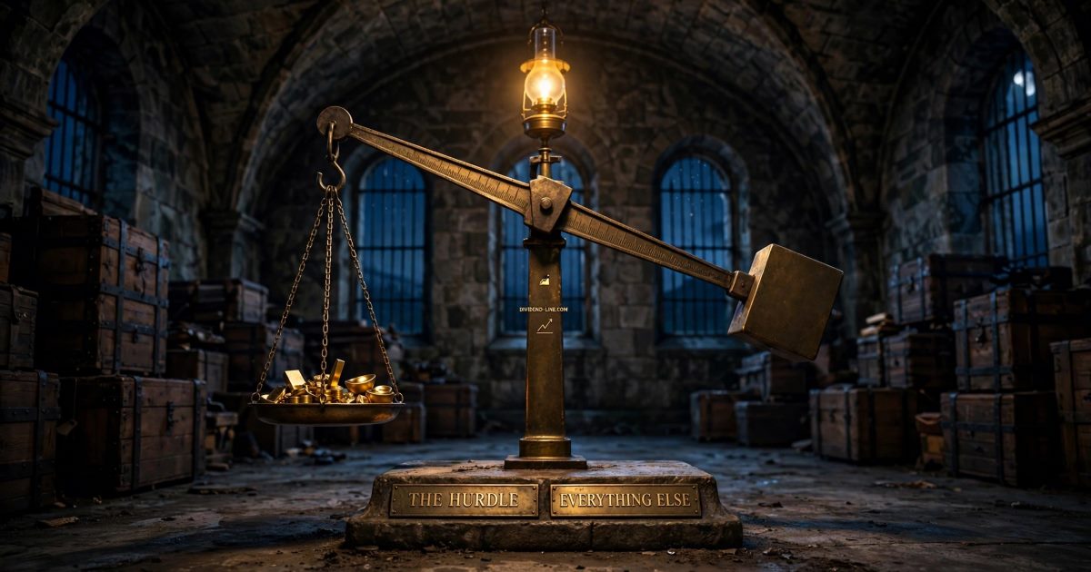 In a stone-vaulted customs weighing hall at night, an antique brass steelyard balance tips down on the side of a fixed, immovable counterweight while gold objects sit in the hanging pan, between brass plates reading THE HURDLE and EVERYTHING ELSE.