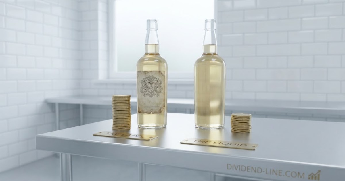 On a steel bench in a bright white-tiled room, two identical glass bottles hold the same pale golden liquid at the same level — one carrying a worn engraved paper label with a tall stack of gold coins before it, the other plain with a stack a third as high — between plaques reading THE LABEL and THE LIQUID.