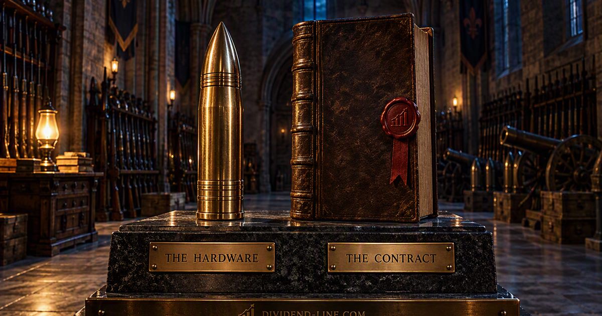 In a stone arsenal hall, a polished brass artillery shell stands beside a much larger leather-bound contract closed with a red wax seal, between brass plates reading THE HARDWARE and THE CONTRACT.