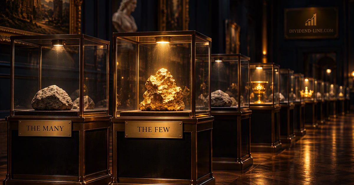 A darkened museum gallery lined with lit glass vitrines: most hold plain grey stones under a plate reading THE MANY, one holds a large gold nugget under a plate reading THE FEW.