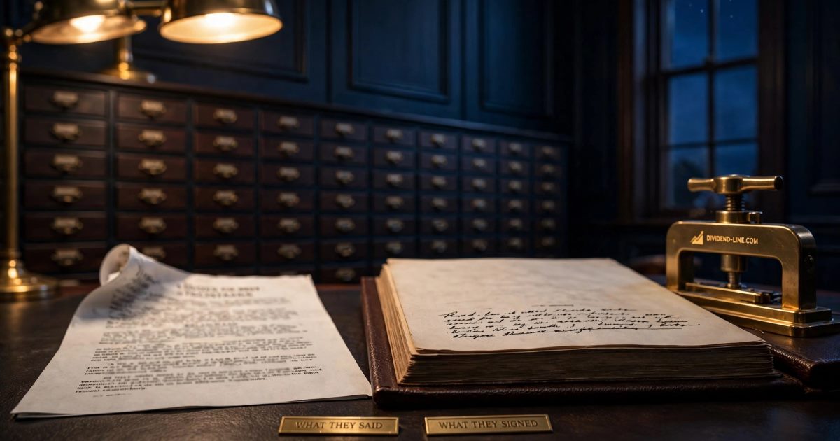 On a registrar's desk at night, a loose printed press statement with unreadable blurred text lies beside a heavy leather share register open at a freshly inked line, with a brass seal press just used, between brass plates reading WHAT THEY SAID and WHAT THEY SIGNED.