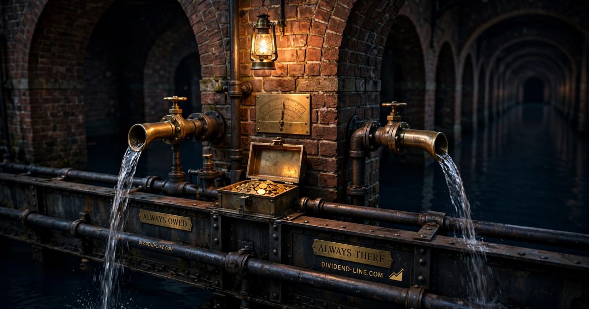In a brick-vaulted Victorian reservoir at night, two brass spouts pour water in and out at the same rate while the level stays on its gauge mark, and a small open strongbox of gold coins sits between them, under brass plates reading ALWAYS OWED and ALWAYS THERE.