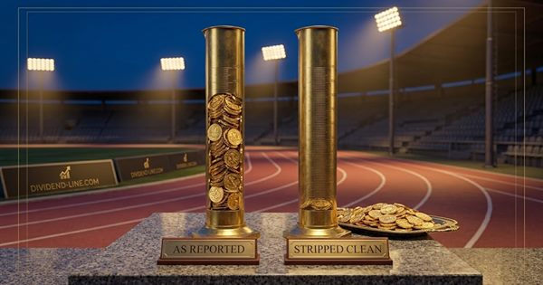 Two tall brass graduated cylinders on a granite podium in an empty floodlit athletics stadium: the left one full of gold coins under a plate reading AS REPORTED, the right one nearly empty under a plate reading STRIPPED CLEAN, with the removed coins piled on a tray beside it.