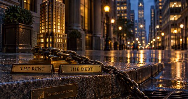 On a wet city kerb at blue hour, a lit brass model of an office tower with a heavy iron chain wound round its base running down into a street drain, between brass plates reading THE RENT and THE DEBT.