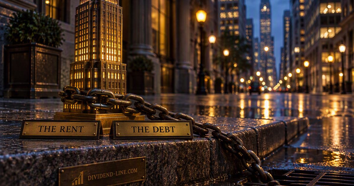 On a wet city kerb at blue hour, a lit brass model of an office tower with a heavy iron chain wound round its base running down into a street drain, between brass plates reading THE RENT and THE DEBT.