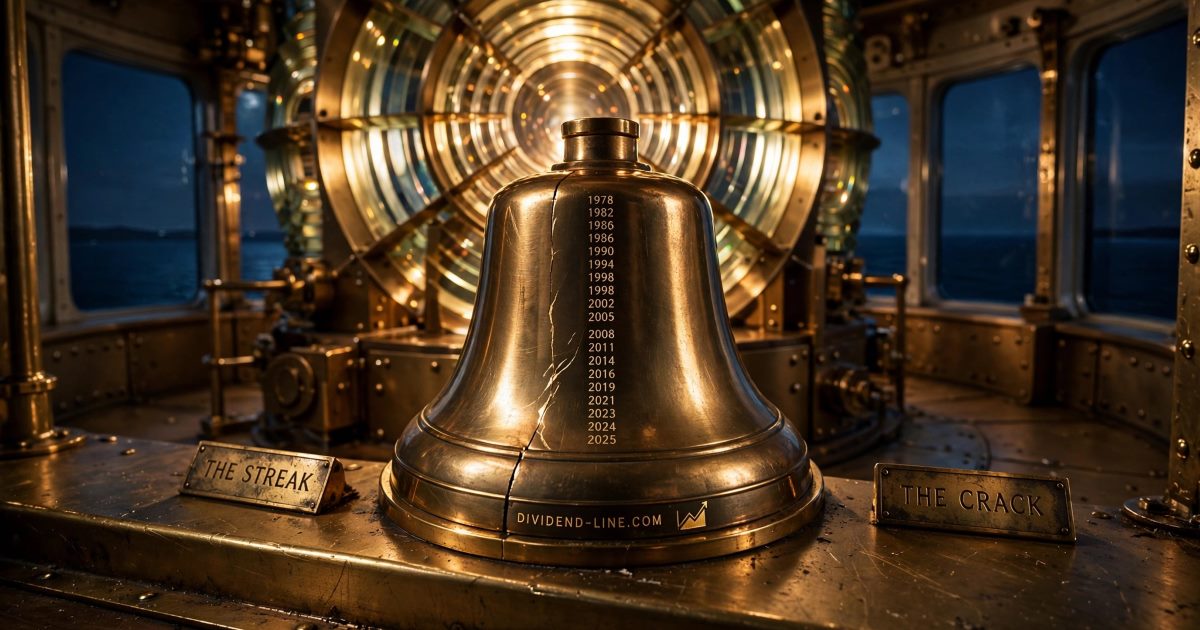 In a lighthouse lamp room at night, a polished ship's bell engraved with decades of dates stands on a brass sill in front of the great Fresnel lens, a single fine crack running up through its lip, between brass plates reading THE STREAK and THE CRACK.