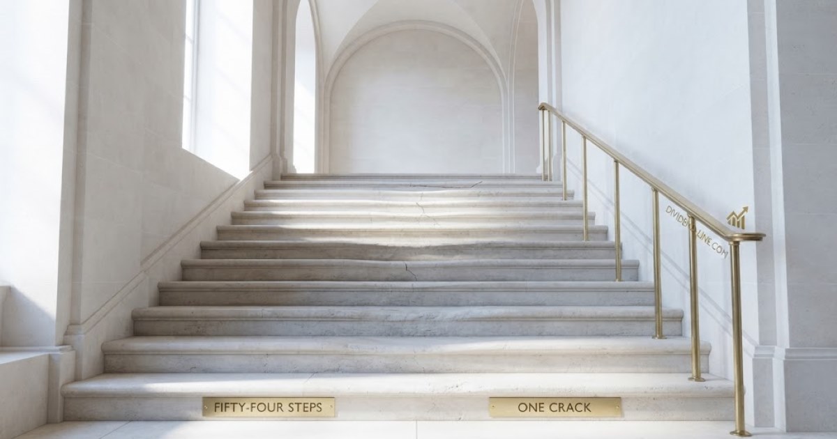 A wide limestone staircase in a bright stone hall seen from below, the treads worn hollow by generations of use, one tread near the top carrying a fine crack but plainly still holding, with a brass handrail and plaques reading FIFTY-FOUR STEPS and ONE CRACK.