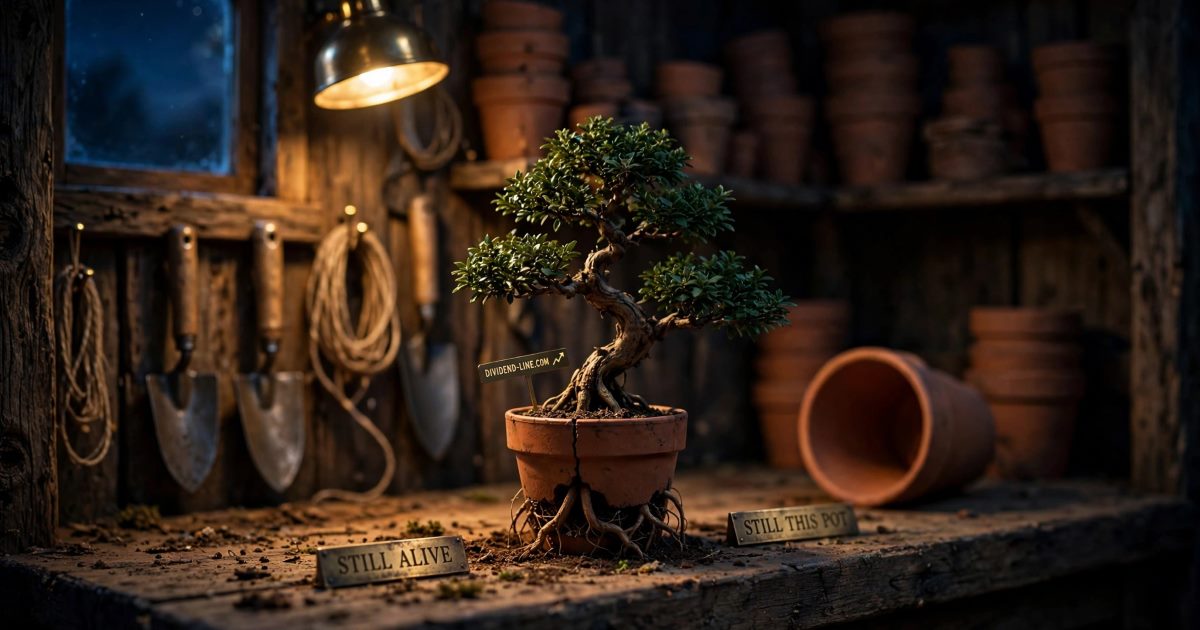 In a potting shed at night, a healthy old miniature tree stands in a cracked terracotta pot it has plainly outgrown, roots pressing through the drainage holes, a larger empty pot beside it, between brass plates reading STILL ALIVE and STILL THIS POT.