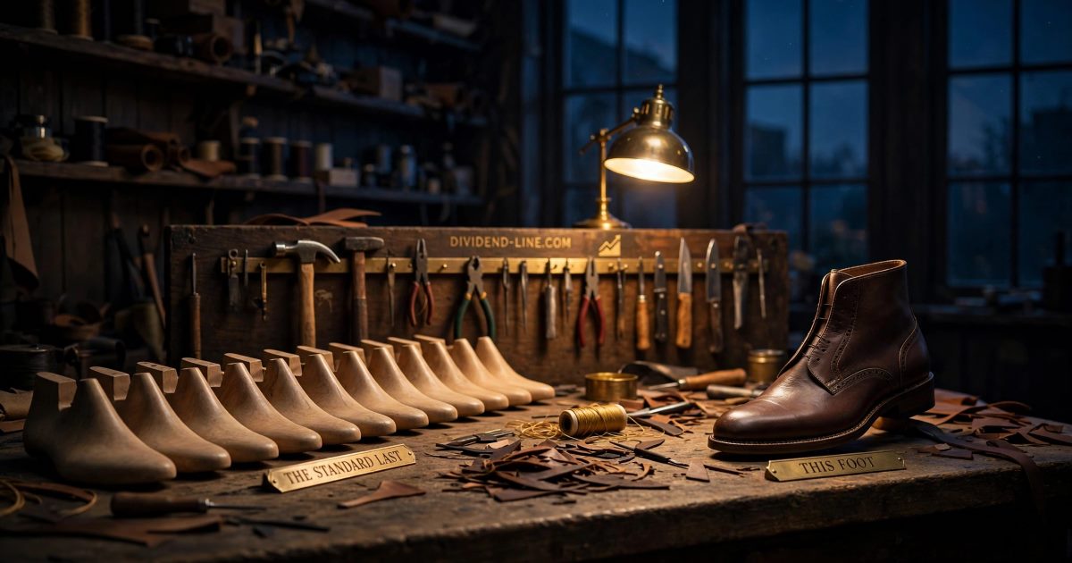 On a shoemaker's bench at night, a neat row of a dozen identical wooden shoe lasts stands beside one finished leather boot of an obviously different shape that fits none of them, between brass plates reading THE STANDARD LAST and THIS FOOT.