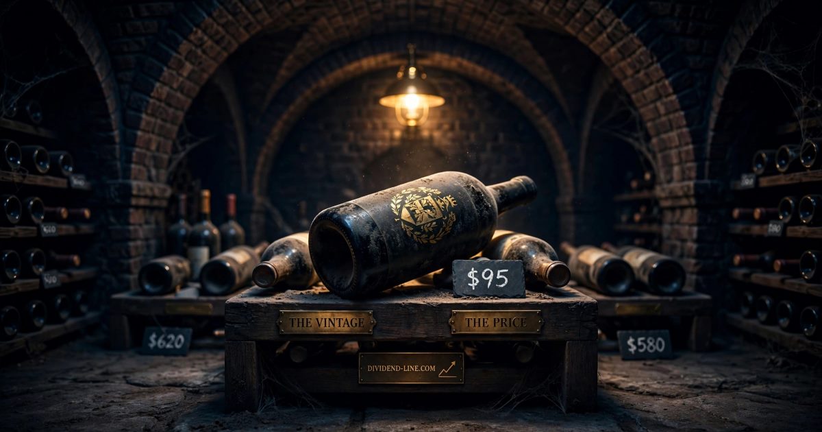 In a vaulted wine cellar at night, one magnificent dusty old bottle lies lit on a rack with a chalked slate reading $95, while ordinary bottles on either side carry slates reading $620 and $580, between brass plates reading THE VINTAGE and THE PRICE.