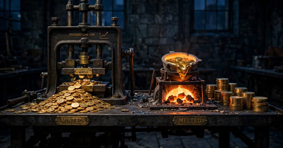 In an old mint at night, a coin press stamping fresh gold coins into a growing pile on the left and a crucible melting coins back into molten gold on the right, between brass plates reading MINTED and MELTED.