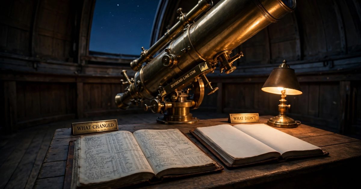 In an old observatory at night, two open leather logbooks lie on a desk beneath a great brass telescope — the left dense with handwritten figures, the right completely blank — between brass plates reading WHAT CHANGED and WHAT DIDN'T.