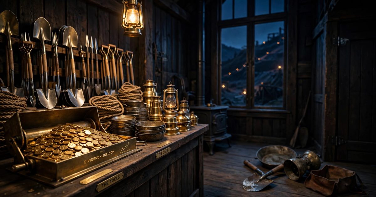 In a gold-rush outfitter's store at night, a counter of new picks, shovels, rope and brass lamps stands behind an overflowing till of gold coins, while a worn pick, an empty pan and an open empty pouch lie abandoned by the door, between brass plates reading THE TOOLS and THE CLAIM.