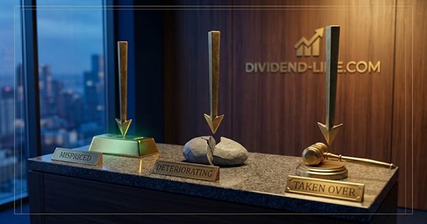 Three identical brass arrows point down onto three different objects — a gleaming gold ingot, a cracked grey stone and an auctioneer's gavel — under engraved plates reading MISPRICED, DETERIORATING and TAKEN OVER.