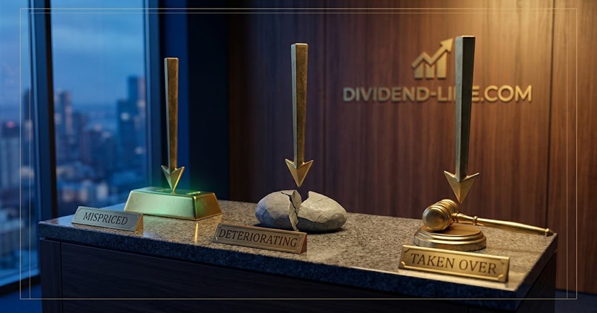 Three identical brass arrows point down onto three different objects — a gleaming gold ingot, a cracked grey stone and an auctioneer's gavel — under engraved plates reading MISPRICED, DETERIORATING and TAKEN OVER.