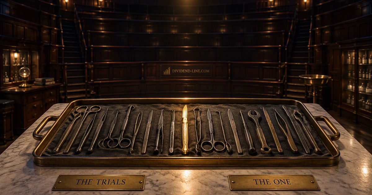 In a nineteenth-century operating theatre, a brass tray of two dozen tarnished surgical instruments with one gleaming gold instrument at its centre, between brass plates reading THE TRIALS and THE ONE.