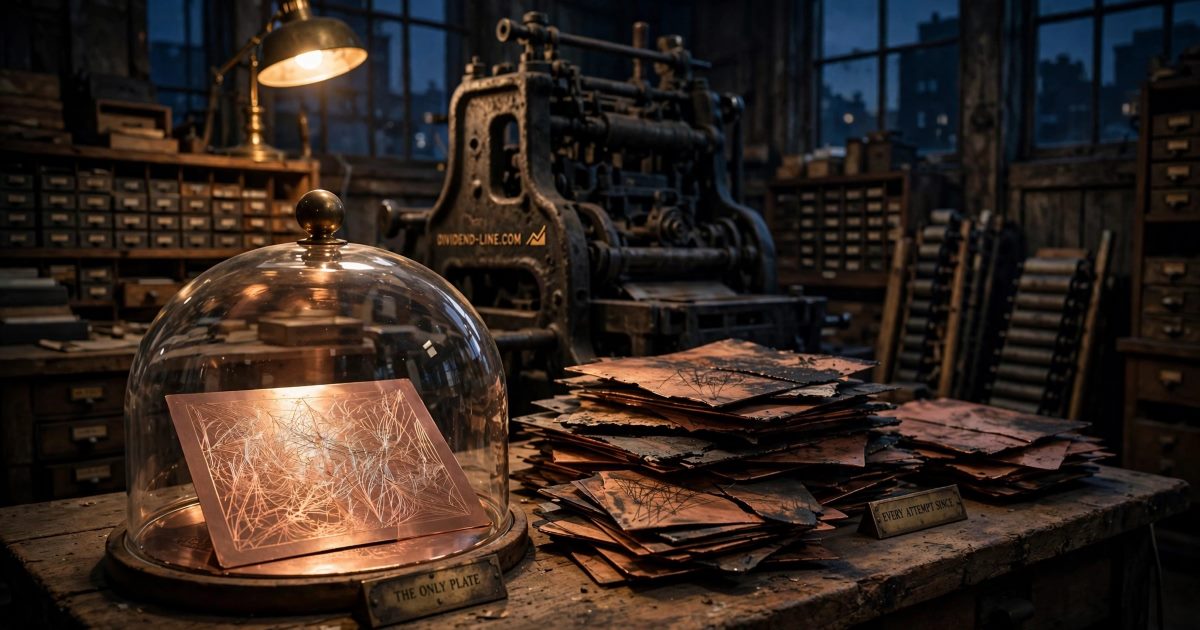 In an old printing house at night, a single finely engraved copper master plate glows under a glass dome on a workbench, beside an untidy stack of a dozen failed copper plates with broken and scorched etching, under brass plates reading THE ONLY PLATE and EVERY ATTEMPT SINCE.