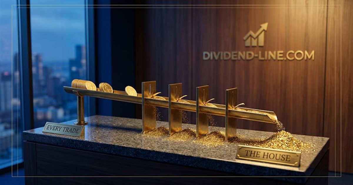 Gold coins travelling along a brass rail through a series of gates, each shaving a sliver away, emerging thinner above a mound of gold dust, under plates reading EVERY TRADE and THE HOUSE.