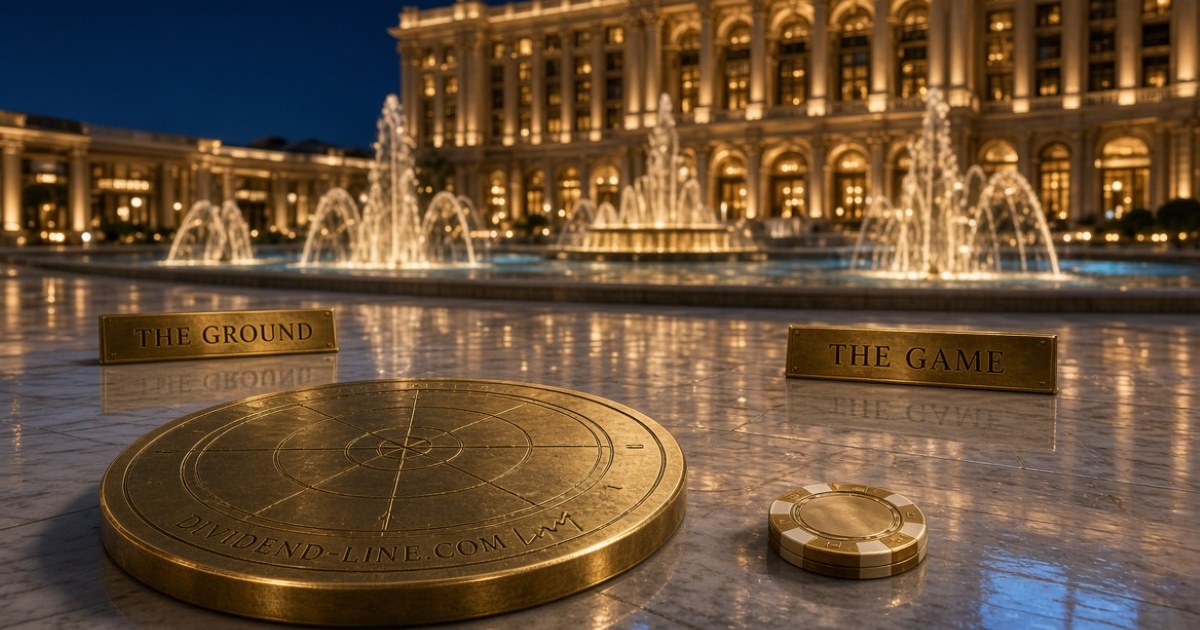 The fountain court of a grand Las Vegas casino resort at night, its unbranded facade blazing with gold light above a lit fountain and wet reflecting stone: a heavy brass land survey monument bolted flush into the ground beside a single loose casino chip, between brass plaques reading THE GROUND and THE GAME.